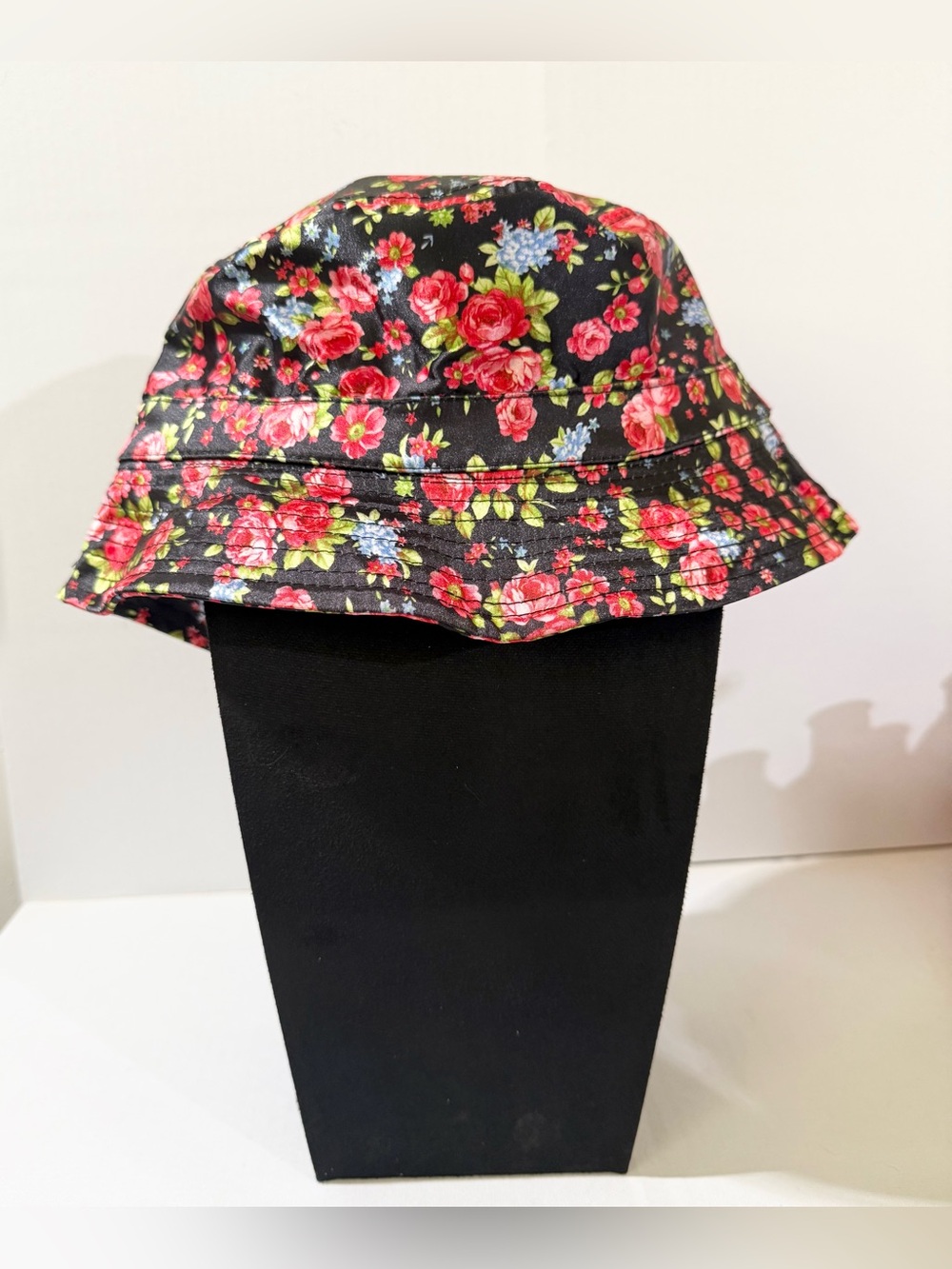 Woman’s Floral Bucket Hat - Black with Pink & Green Roses